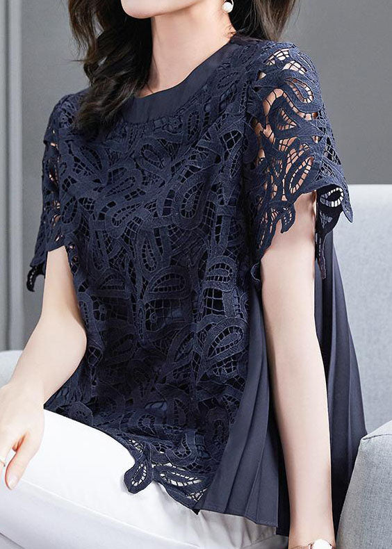Handmade Navy O Neck Wrinkled Patchwork Lace T Shirt Top Summer - Omychic
