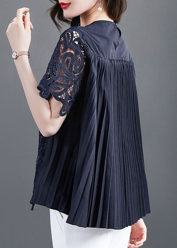 Handmade Navy O Neck Wrinkled Patchwork Lace T Shirt Top Summer - Omychic
