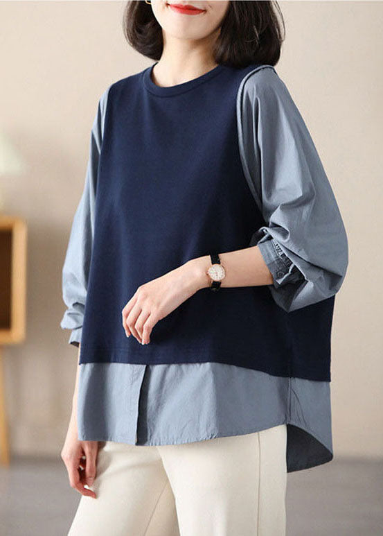 Handmade Navy Oversized Patchwork Cotton Shirts Spring