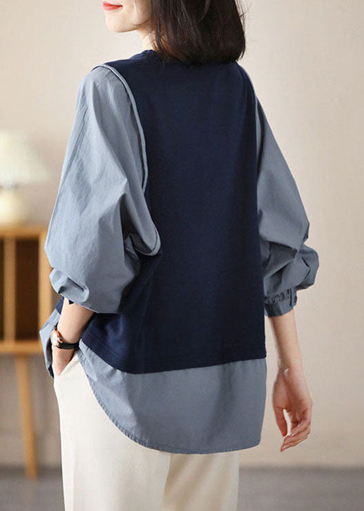 Handmade Navy Oversized Patchwork Cotton Shirts Spring