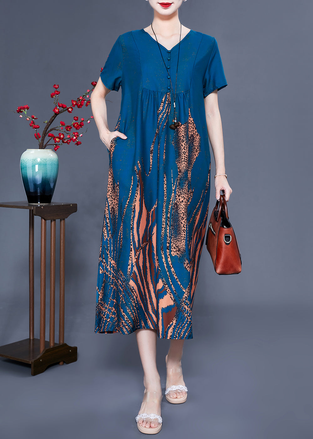 Handmade Navy V Neck Wrinkled Print Silk Vaction Dress Summer