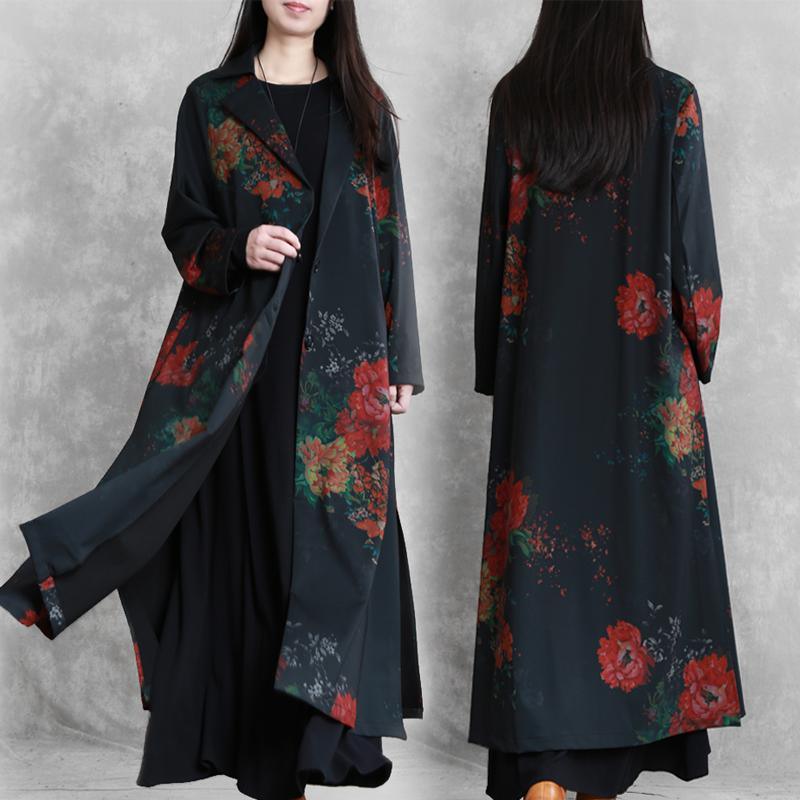 Handmade Notched side open Fine trench coat red print silhouette women coats fall - Omychic
