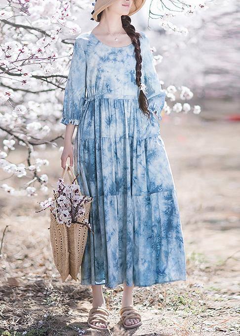 Handmade O-Neck Drawstring Summer Soft Long Blue Dress - Omychic