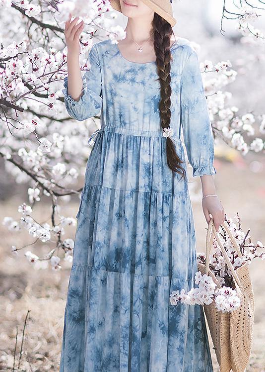 Handmade O-Neck Drawstring Summer Soft Long Blue Dress - Omychic