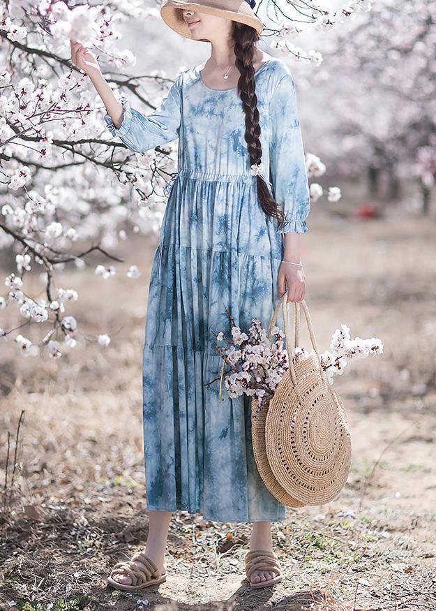 Handmade O-Neck Drawstring Summer Soft Long Blue Dress - Omychic