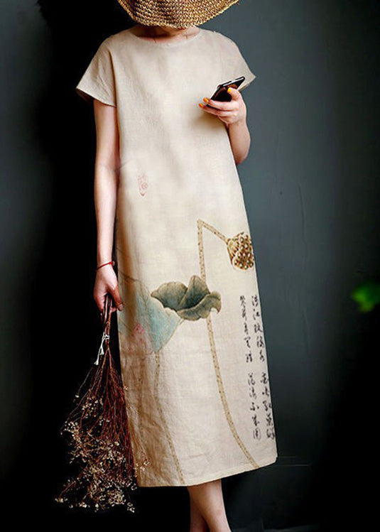 Handmade O-Neck Lotus Print Linen Long Dress Short Sleeve