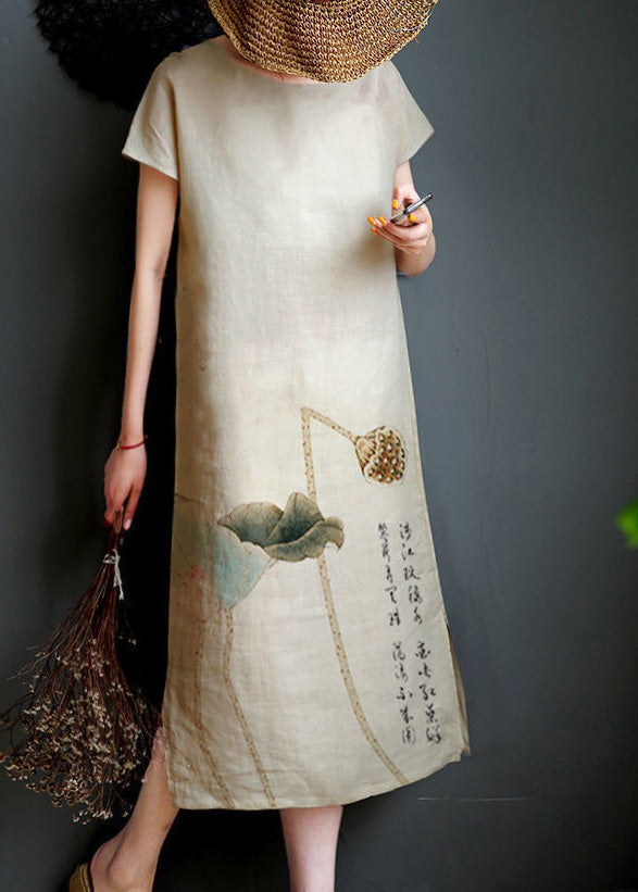 Handmade O-Neck Lotus Print Linen Long Dress Short Sleeve