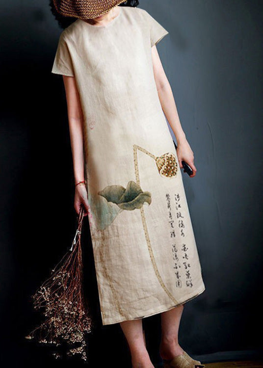 Handmade O-Neck Lotus Print Linen Long Dress Short Sleeve