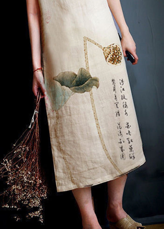 Handmade O-Neck Lotus Print Linen Long Dress Short Sleeve