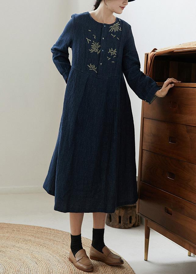 Handmade O Neck Pockets Spring Clothes Women Runway Navy Embroidery Dress - Omychic