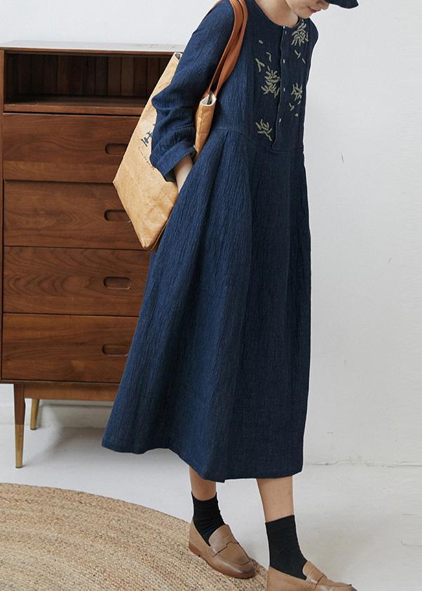 Handmade O Neck Pockets Spring Clothes Women Runway Navy Embroidery Dress - Omychic