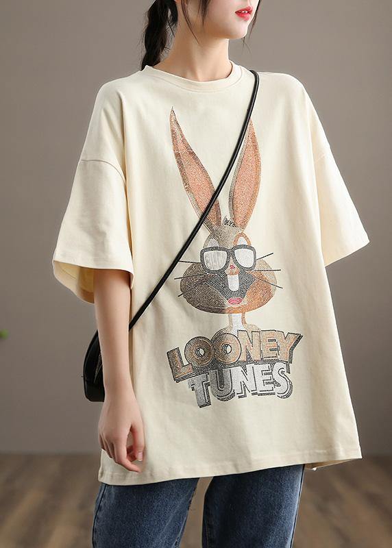 Handmade O neck Half Sleeve Spring Clothes For Women Inspiration Beige Rabbit Pattern Tops - Omychic