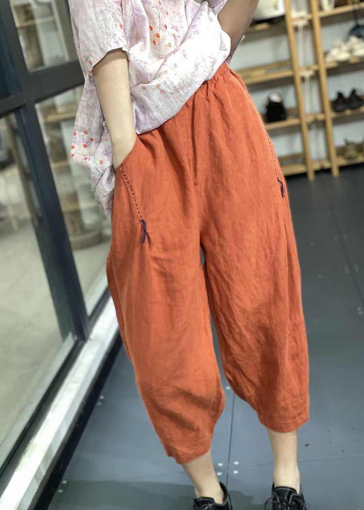 Handmade Orange Elastic Waist Oriental Jogging Fall Pants - Omychic