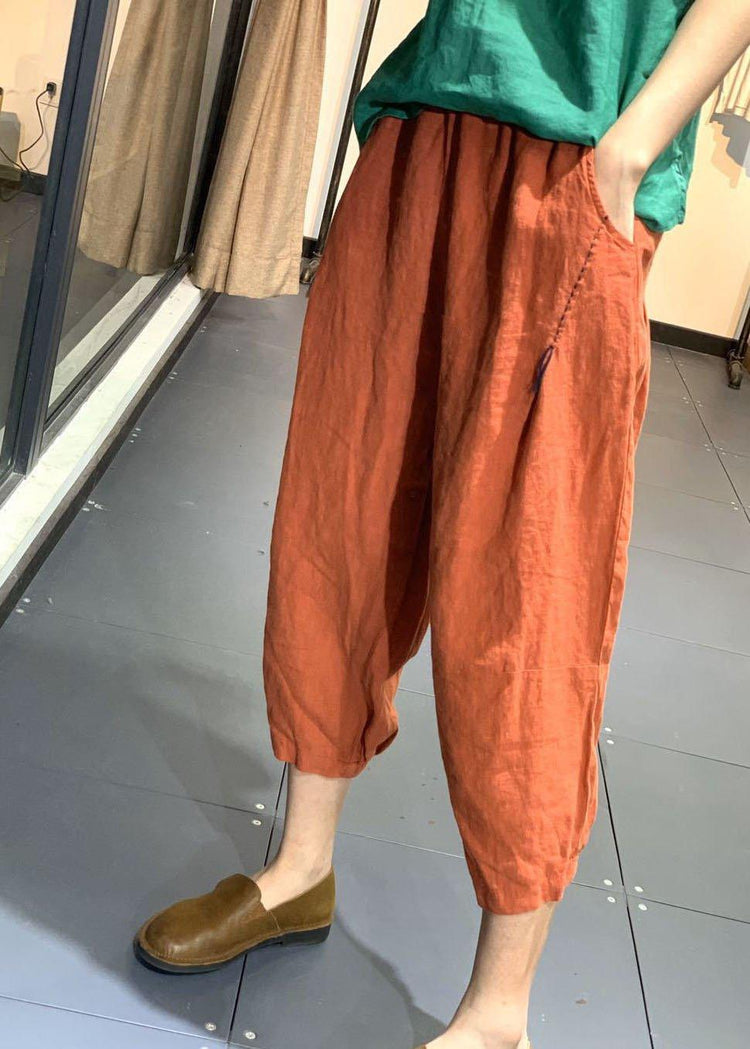 Handmade Orange Elastic Waist Oriental Jogging Fall Pants - Omychic