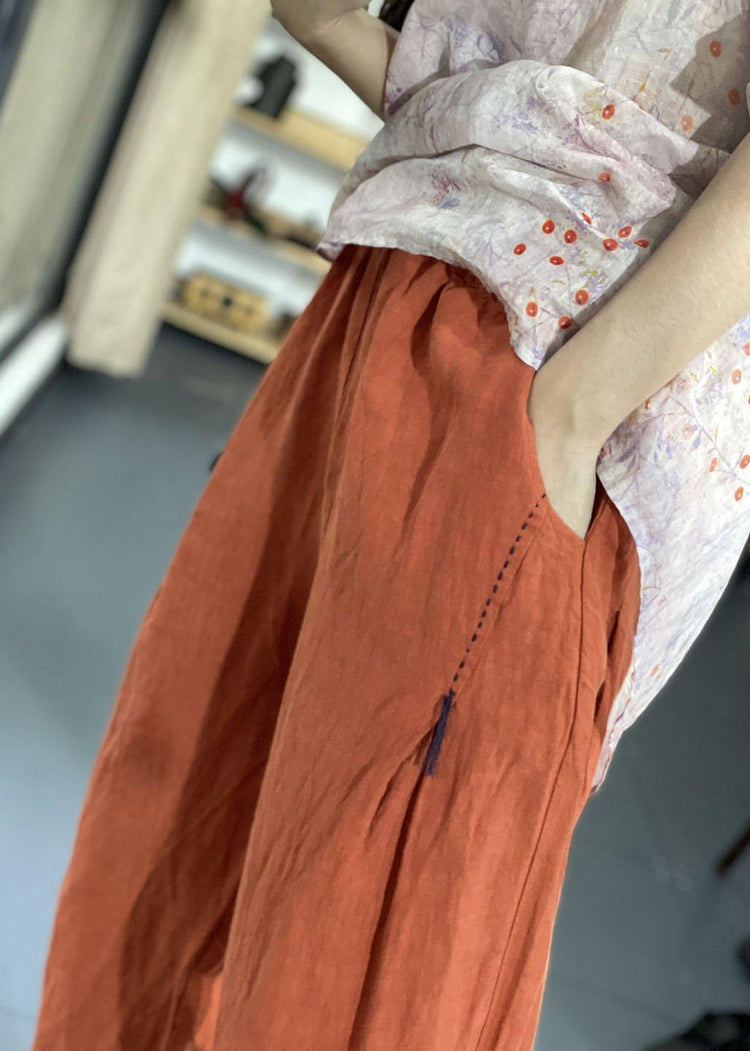Handmade Orange Elastic Waist Oriental Jogging Fall Pants - Omychic
