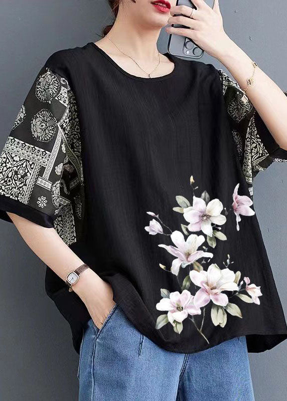 Handmade Orange O Neck Print Patchwork Linen T Shirts Half Sleeve