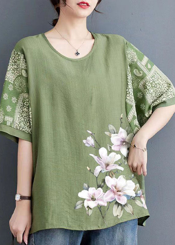 Handmade Orange O Neck Print Patchwork Linen T Shirts Half Sleeve