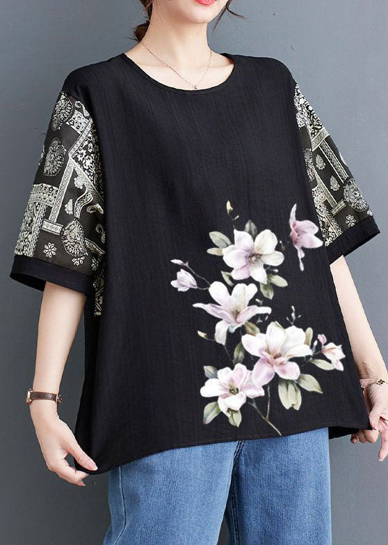 Handmade Orange O Neck Print Patchwork Linen T Shirts Half Sleeve