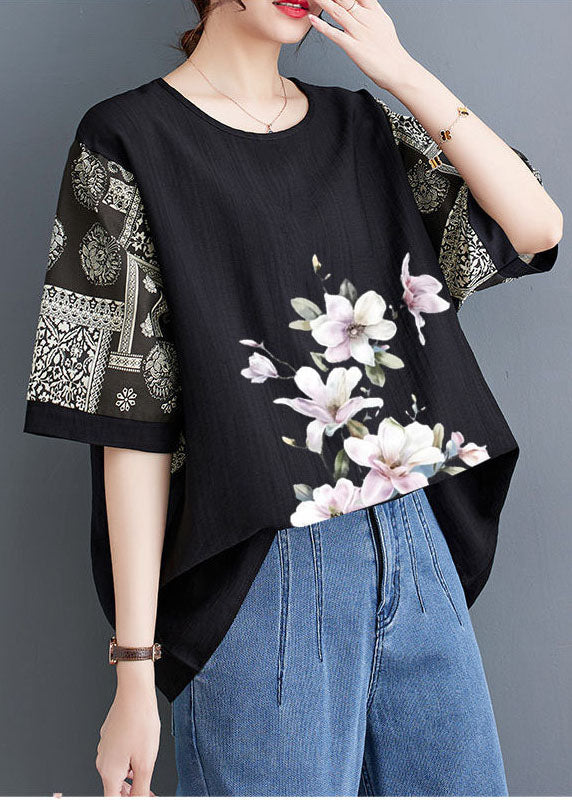 Handmade Orange O Neck Print Patchwork Linen T Shirts Half Sleeve
