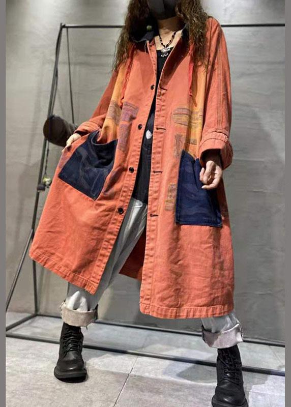 Handmade Orange Pockets Button Casual Fall Denim Long sleeve Coat - Omychic