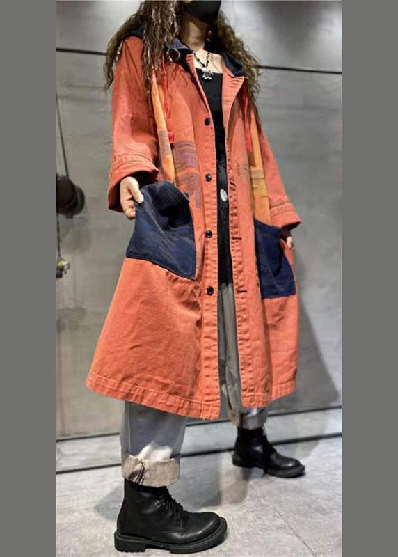 Handmade Orange Pockets Button Casual Fall Denim Long sleeve Coat - Omychic