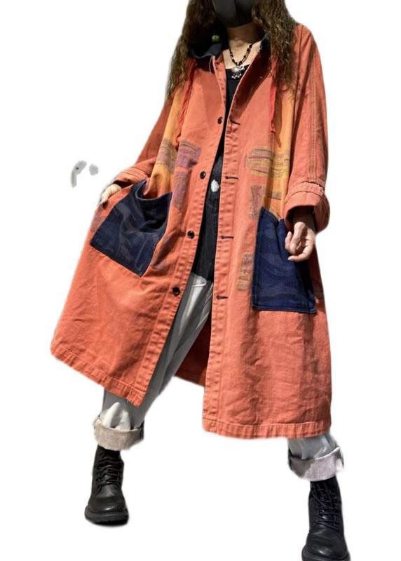 Handmade Orange Pockets Button Casual Fall Denim Long sleeve Coat - Omychic