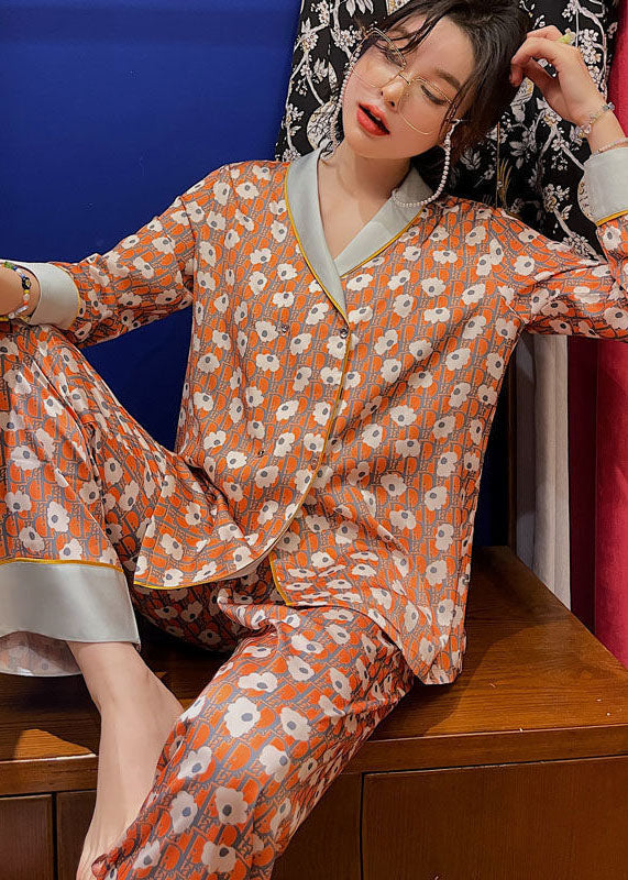 Handmade Orange Print Patchwork Ice Silk Pajamas Two Pieces Set Spring