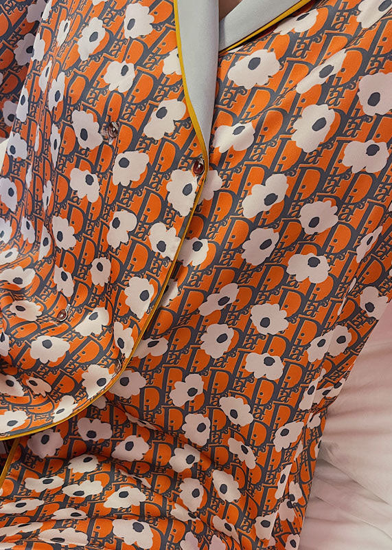 Handmade Orange Print Patchwork Ice Silk Pajamas Two Pieces Set Spring