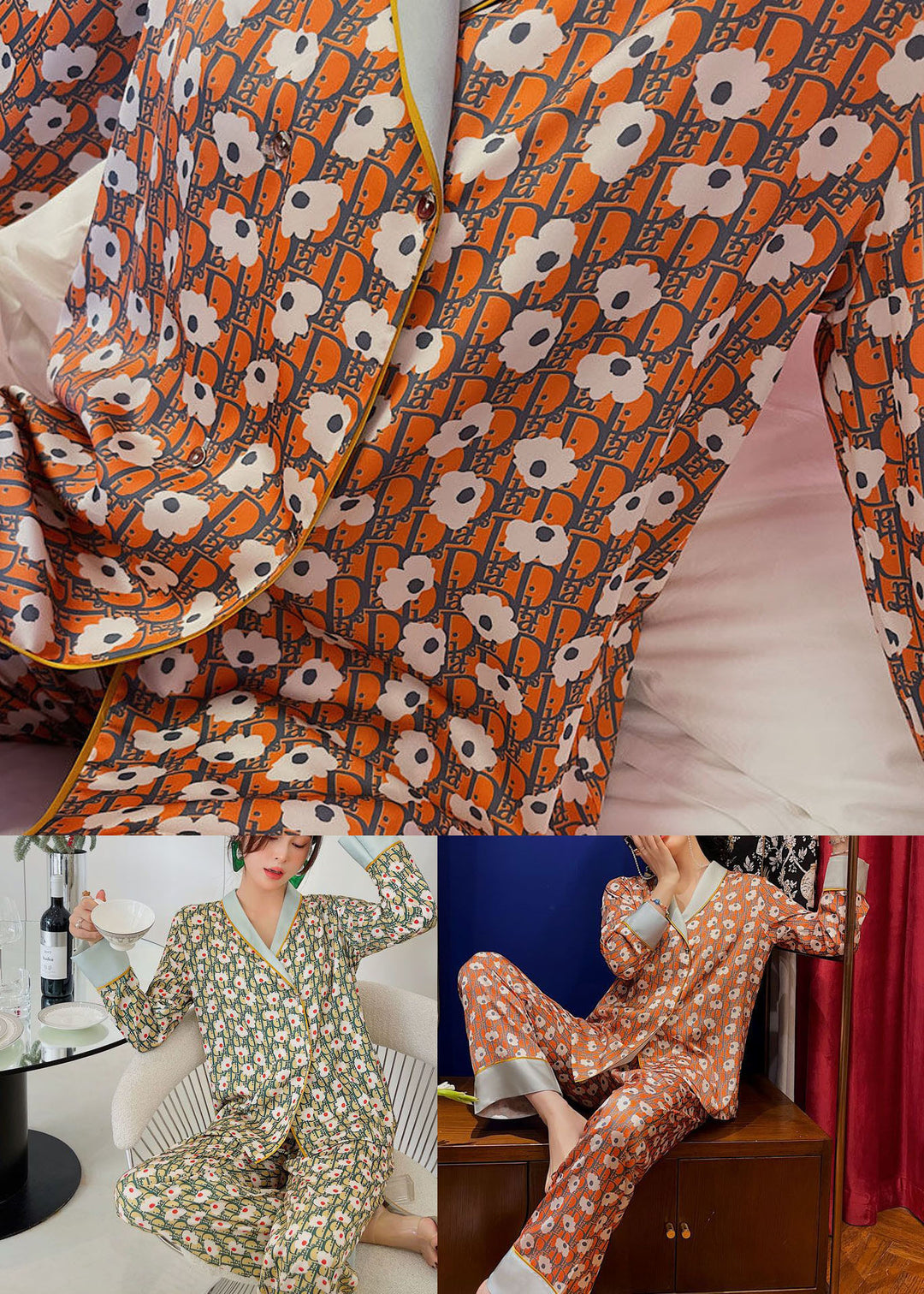 Handmade Orange Print Patchwork Ice Silk Pajamas Two Pieces Set Spring