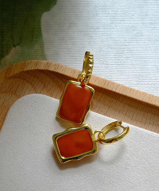 Handmade Orange Sterling Silver Overgild Beeswax Square Hoop Earrings