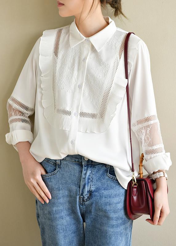 Handmade Patchwork White Long Sleeve Top Ruffles - Omychic