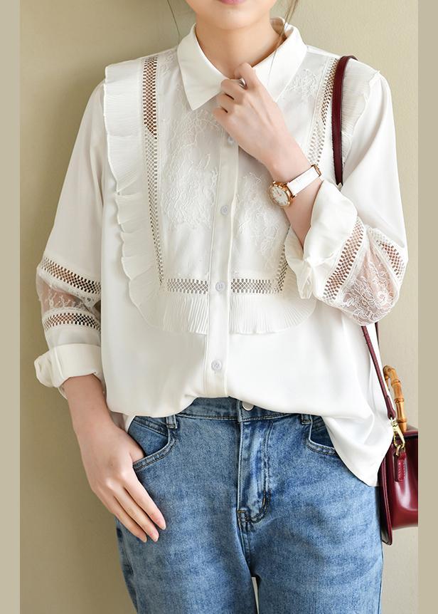 Handmade Patchwork White Long Sleeve Top Ruffles - Omychic