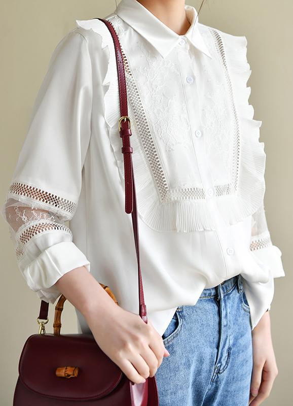 Handmade Patchwork White Long Sleeve Top Ruffles - Omychic