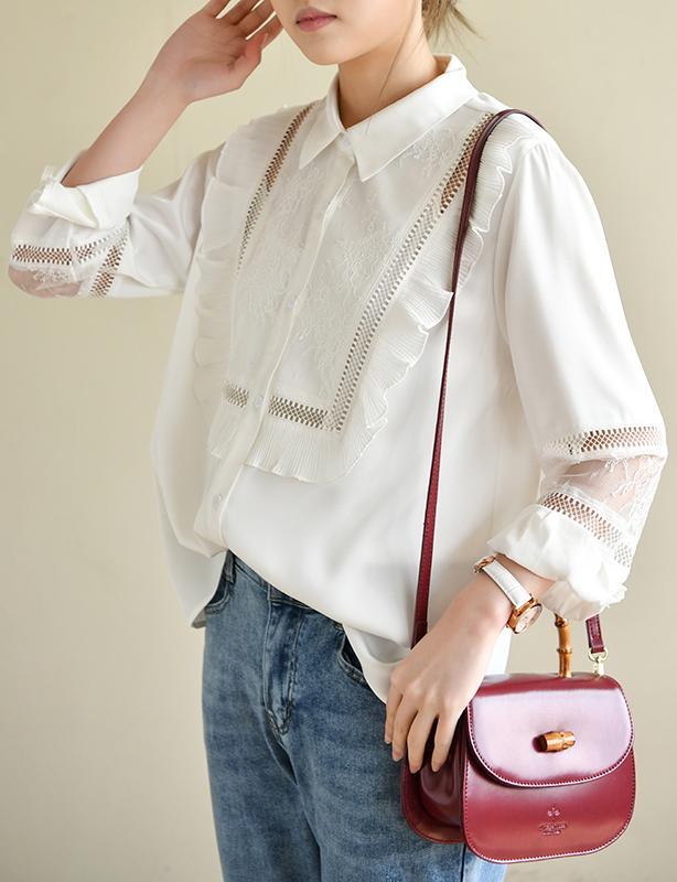 Handmade Patchwork White Long Sleeve Top Ruffles - Omychic