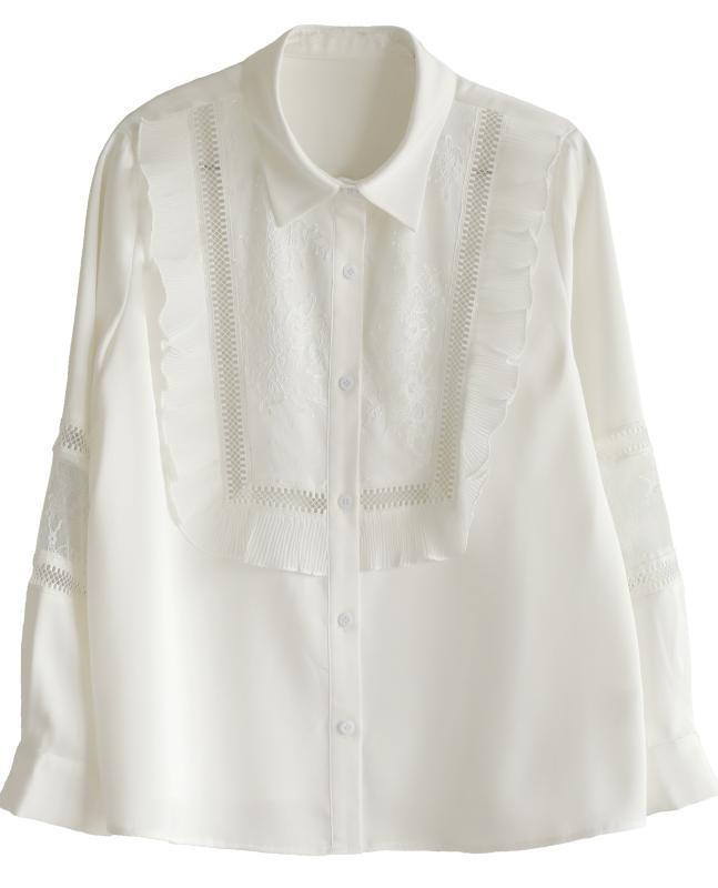 Handmade Patchwork White Long Sleeve Top Ruffles - Omychic