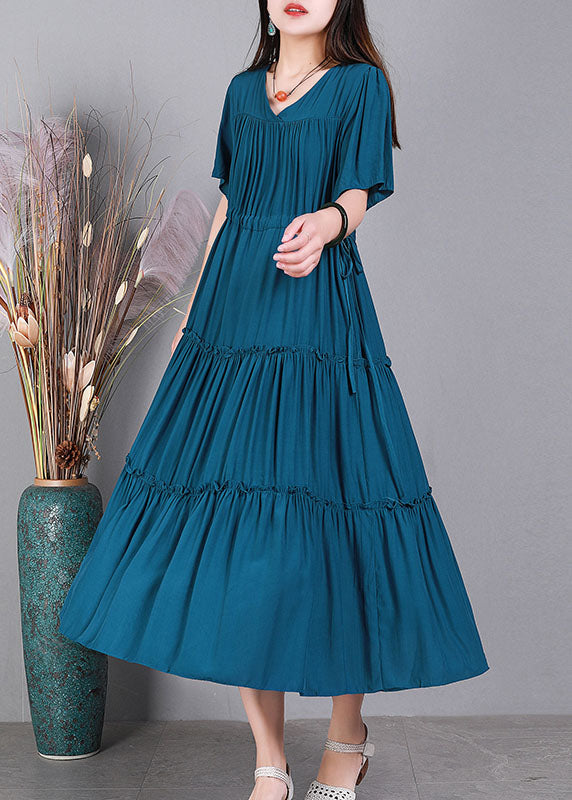 Handmade Peacock Blue V Neck Solid Color Cotton Maxi Dresses Short Sleeve