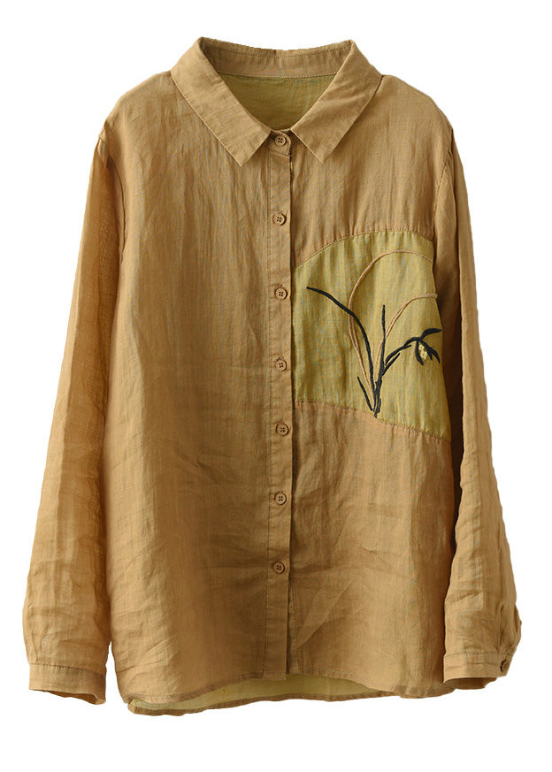 Handmade Peter Pan Collar Embroideried Button Ramie Shirts Long Sleeve