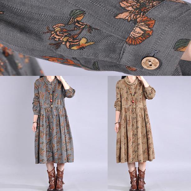 Handmade Peter pan Collar cotton Wardrobes pattern gray print Robe Dress - Omychic