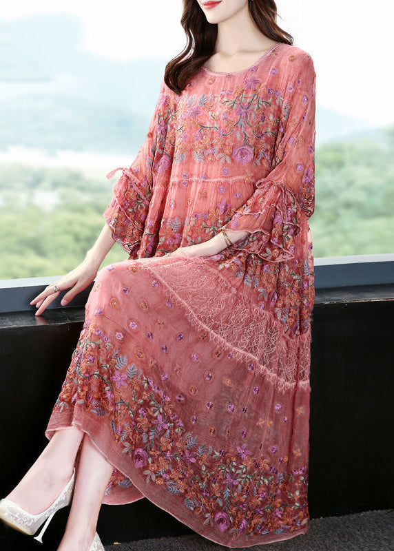 Handmade Pink Embroideried Oversized Silk Vacation Dresses Flare Sleeve