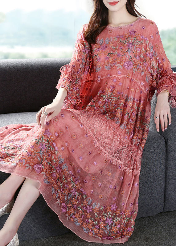 Handmade Pink Embroideried Oversized Silk Vacation Dresses Flare Sleeve