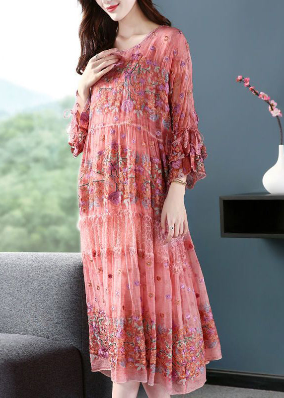 Handmade Pink Embroideried Oversized Silk Vacation Dresses Flare Sleeve