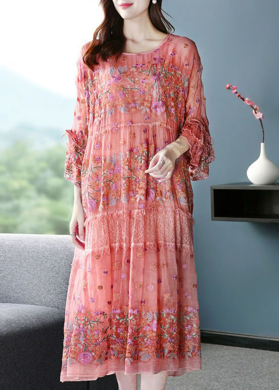 Handmade Pink Embroideried Oversized Silk Vacation Dresses Flare Sleeve