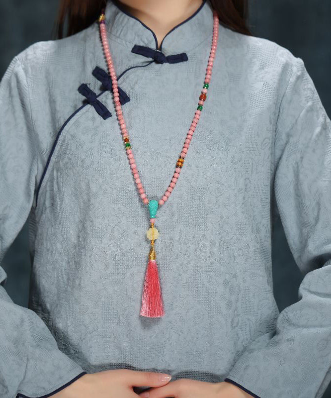 Handmade Pink Jade Agate Beading Tassel Pendant Necklace