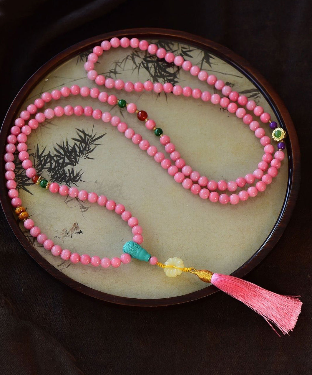 Handmade Pink Jade Agate Beading Tassel Pendant Necklace