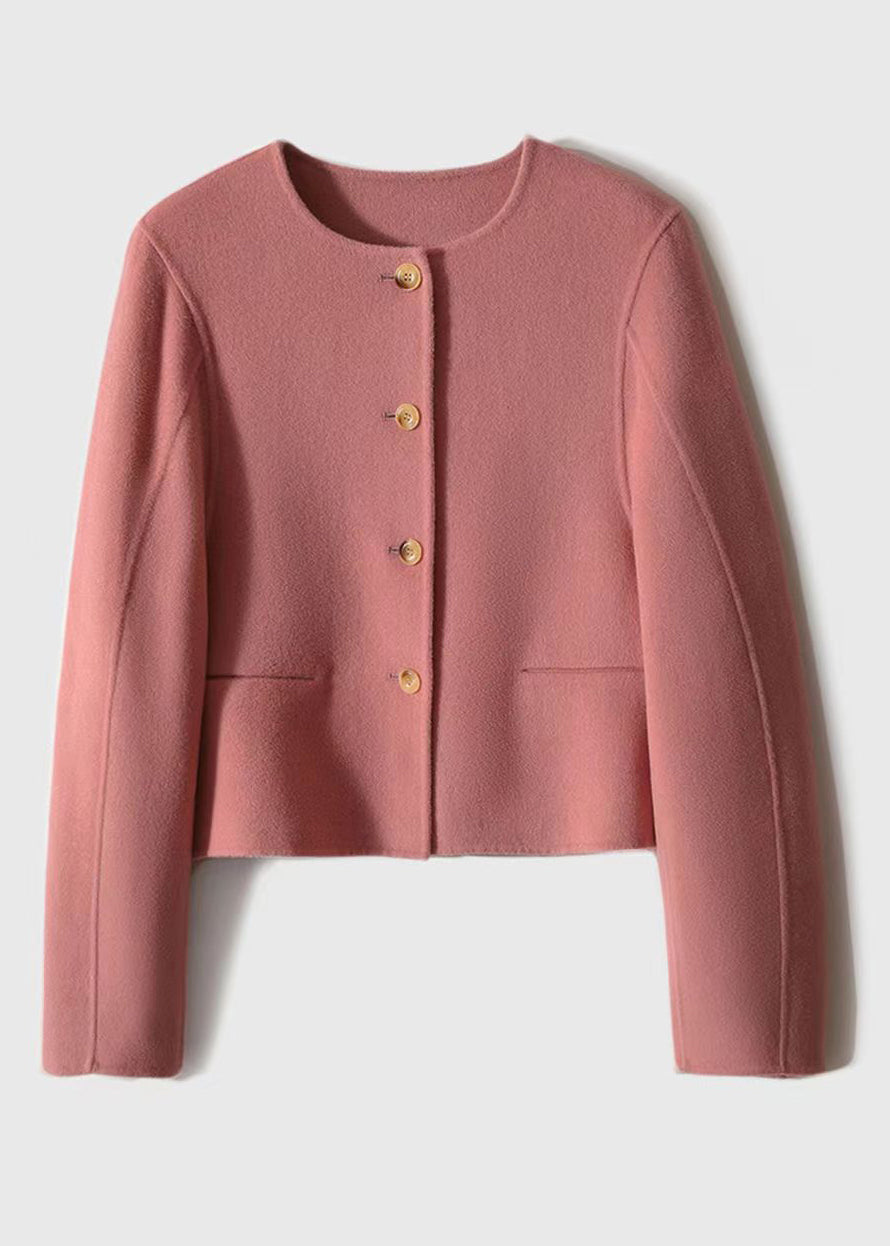 Handmade Pink O Neck Button Patchwork Woolen Coats Winter