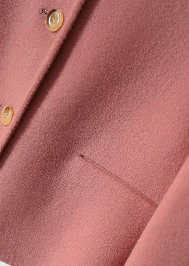 Handmade Pink O Neck Button Patchwork Woolen Coats Winter