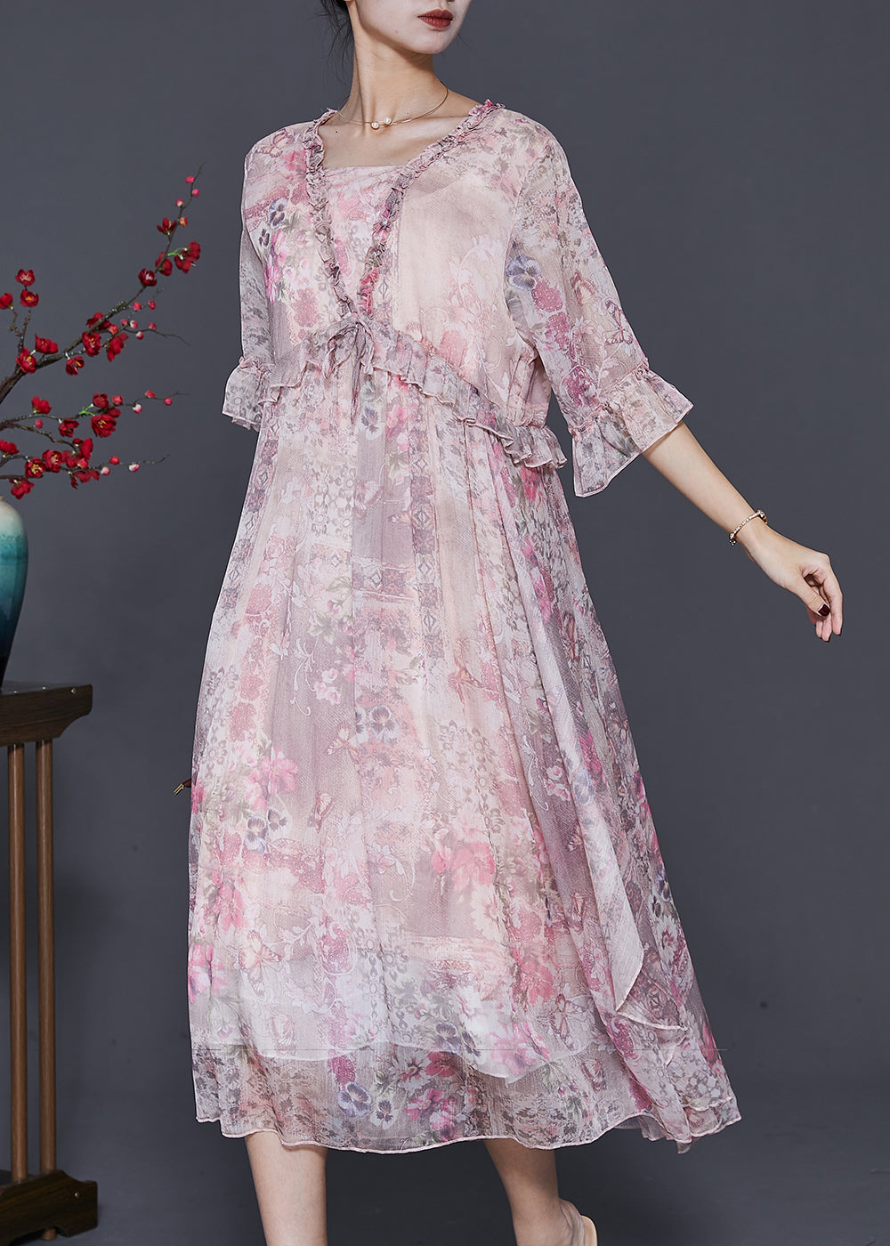 Handmade Pink Ruffled Print Chiffon Holiday Dress Spring