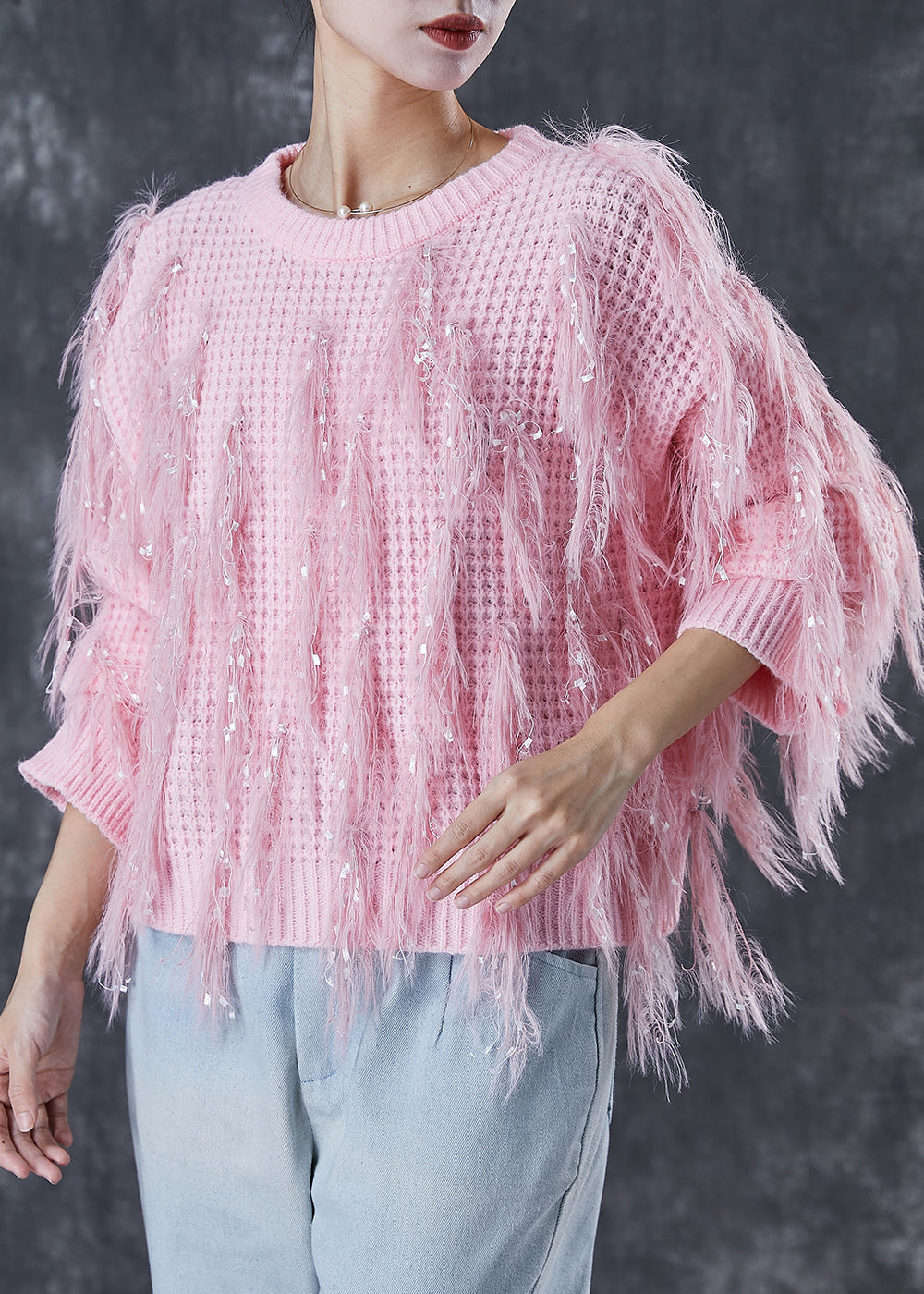 Handmade Pink Tasseled Sequins Knit Sweater Winter