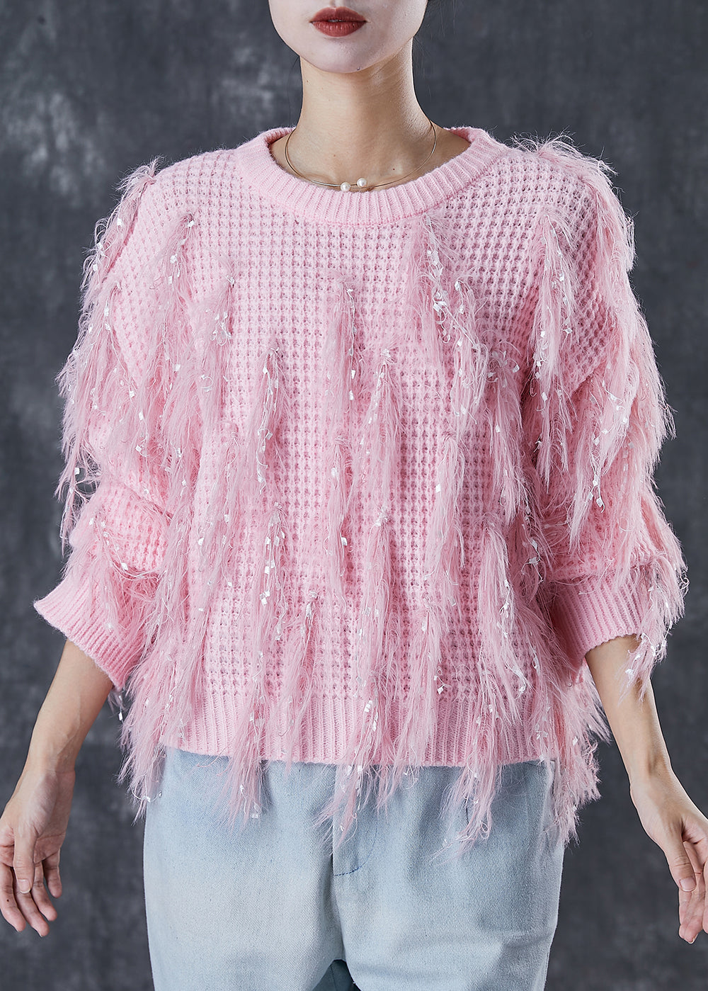 Handmade Pink Tasseled Sequins Knit Sweater Winter