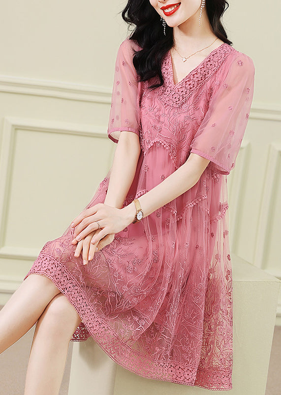 Handmade Pink V Neck Embroideried Patchwork Tulle Dresses Summer